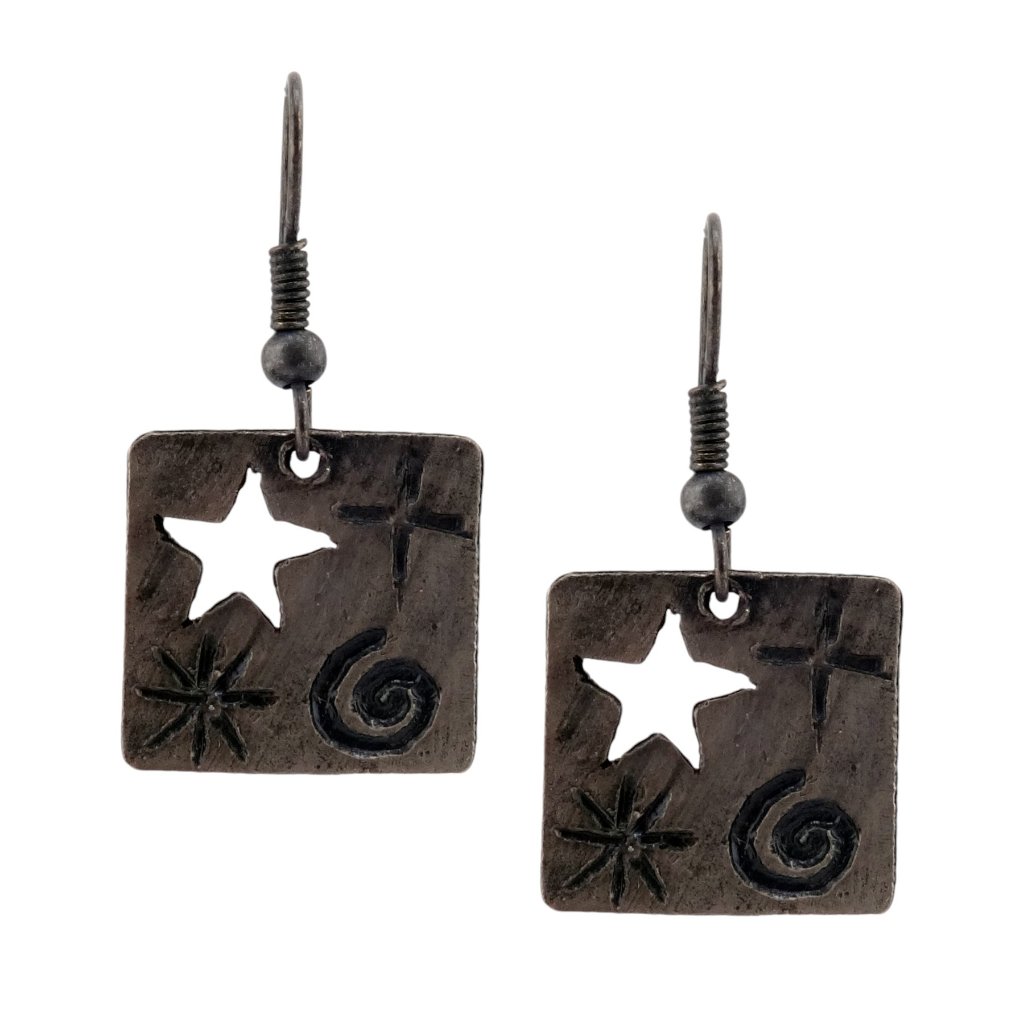 Anju Antiqued Pewter Stars And Swirl Square Dangle Hook Earrings - New